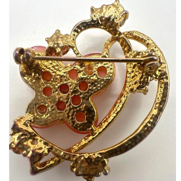 gold-tone brooch w/pink & orange enamel & rhinestone details heart &flower shape - Picture 2 of 5